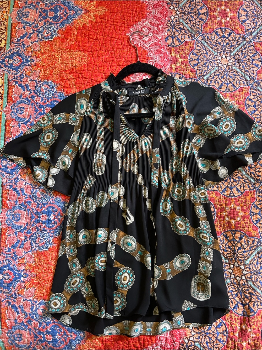 Ralph Lauren Black Blouse with Turquoise and Brown Medallion Print
